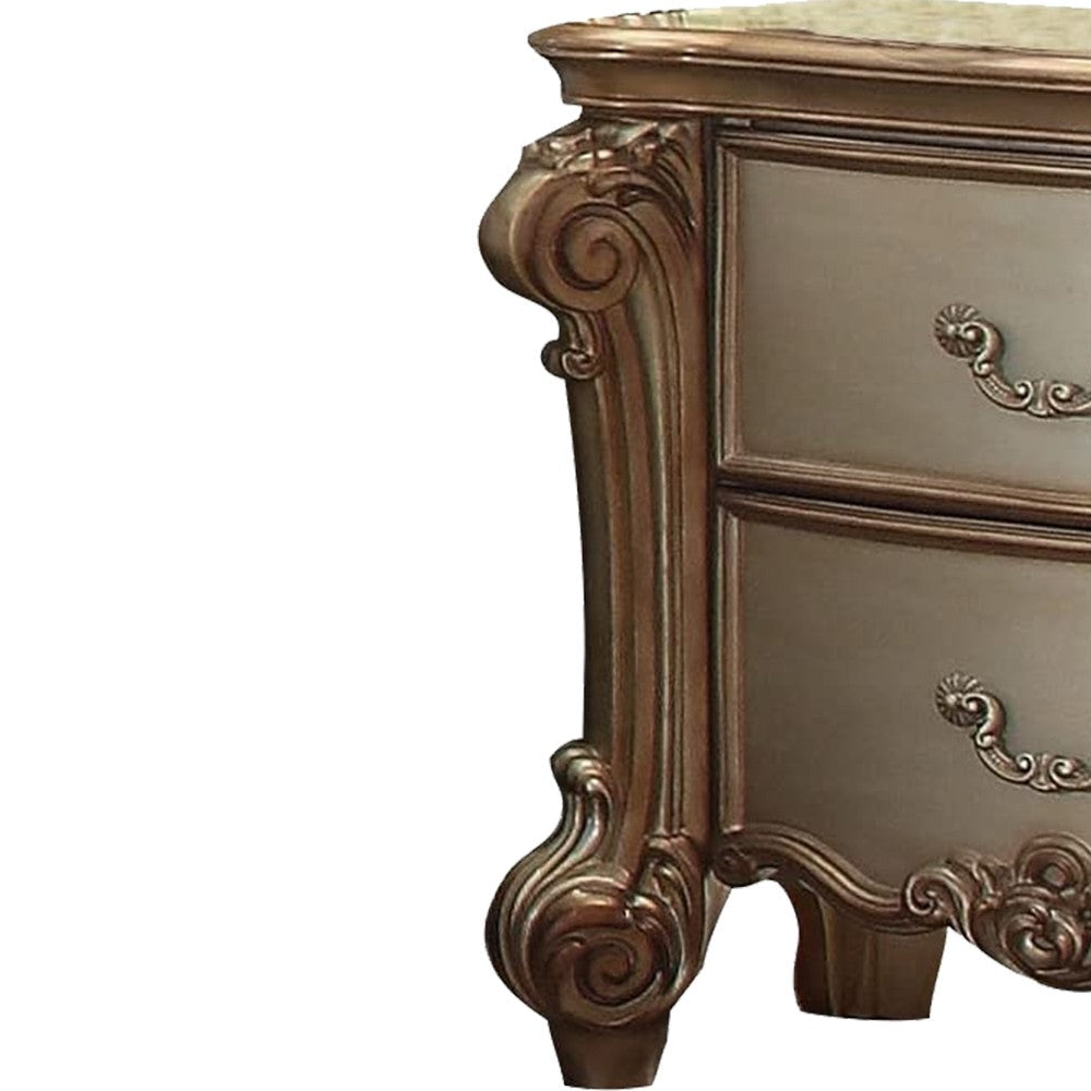 Benzara Wooden Nightstand with Two Drawers, Gold And Bone White