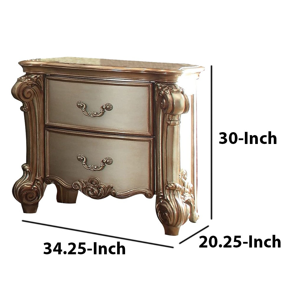 Benzara Wooden Nightstand with Two Drawers, Gold And Bone White