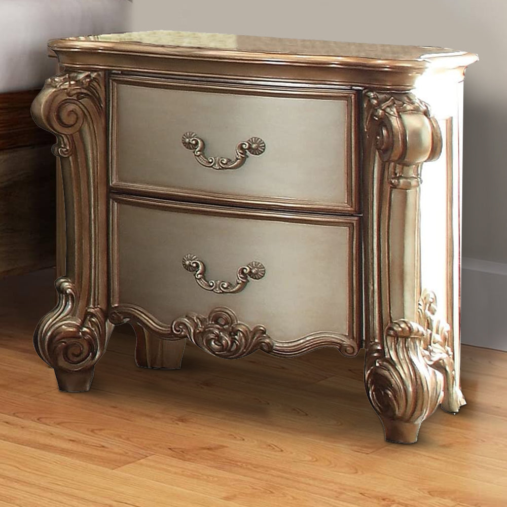 Benzara Wooden Nightstand with Two Drawers, Gold And Bone White