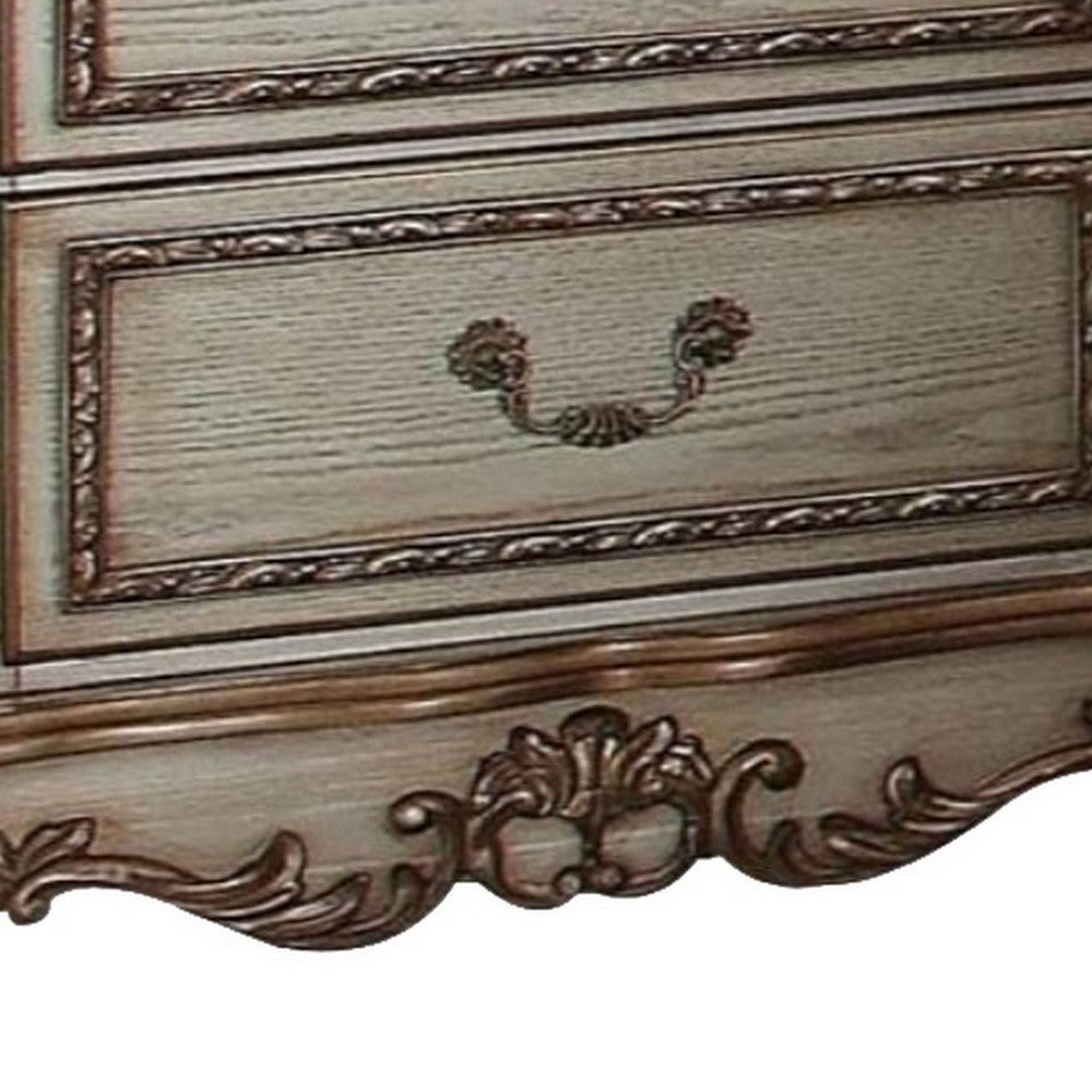 Benzara Wooden Nightstand with Two Drawers, Gold & Bone White