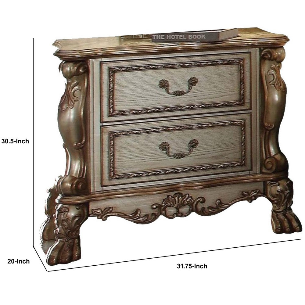 Benzara Wooden Nightstand with Two Drawers, Gold & Bone White