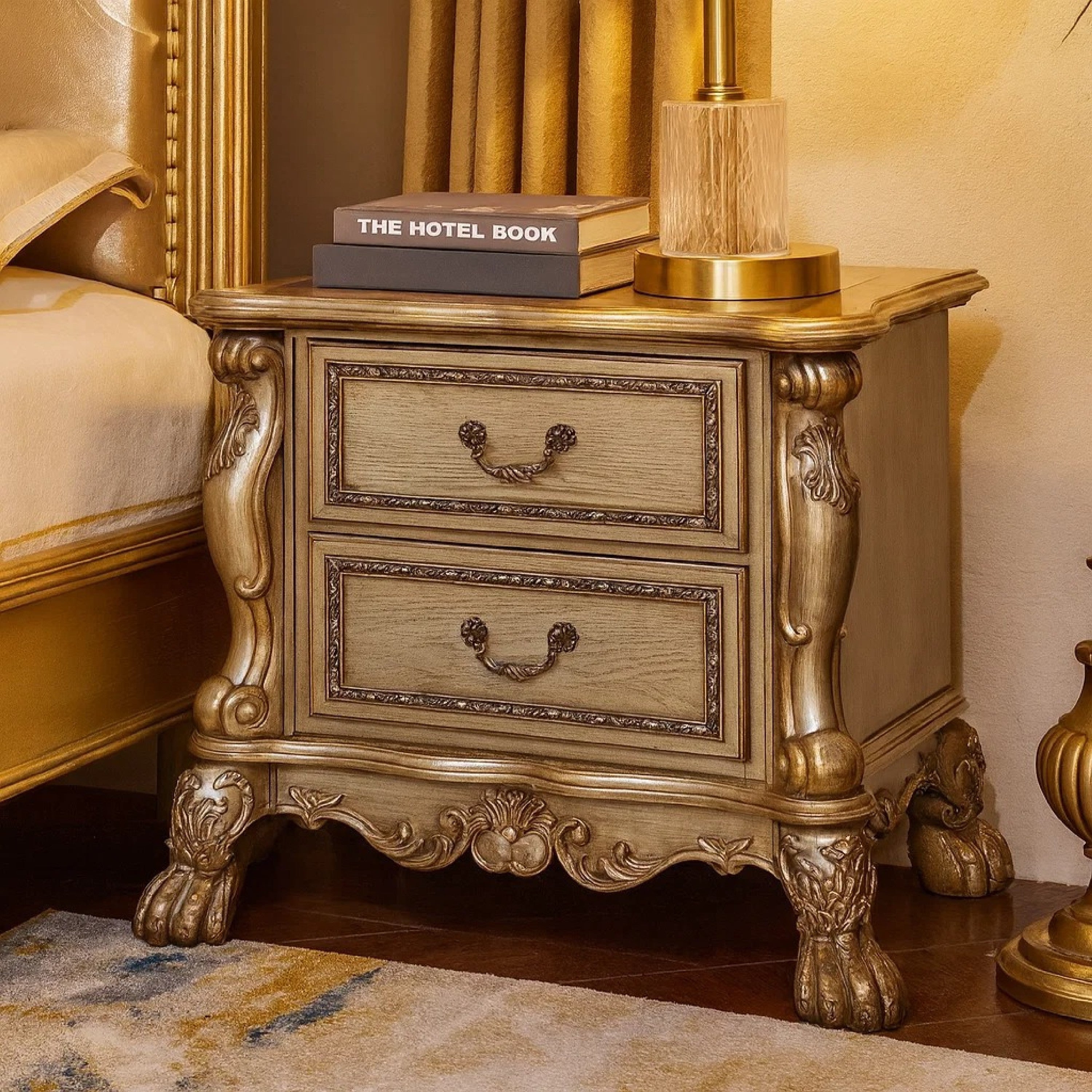 Benzara Wooden Nightstand with Two Drawers, Gold & Bone White