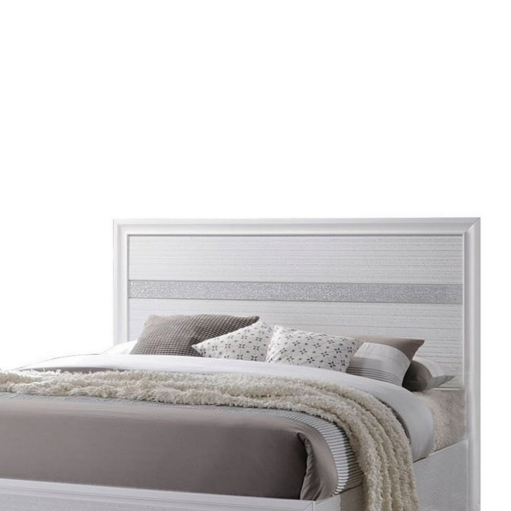 Benjara Wooden Twin Size bed with Bracket Legs And Crystal Accented Headboard, White