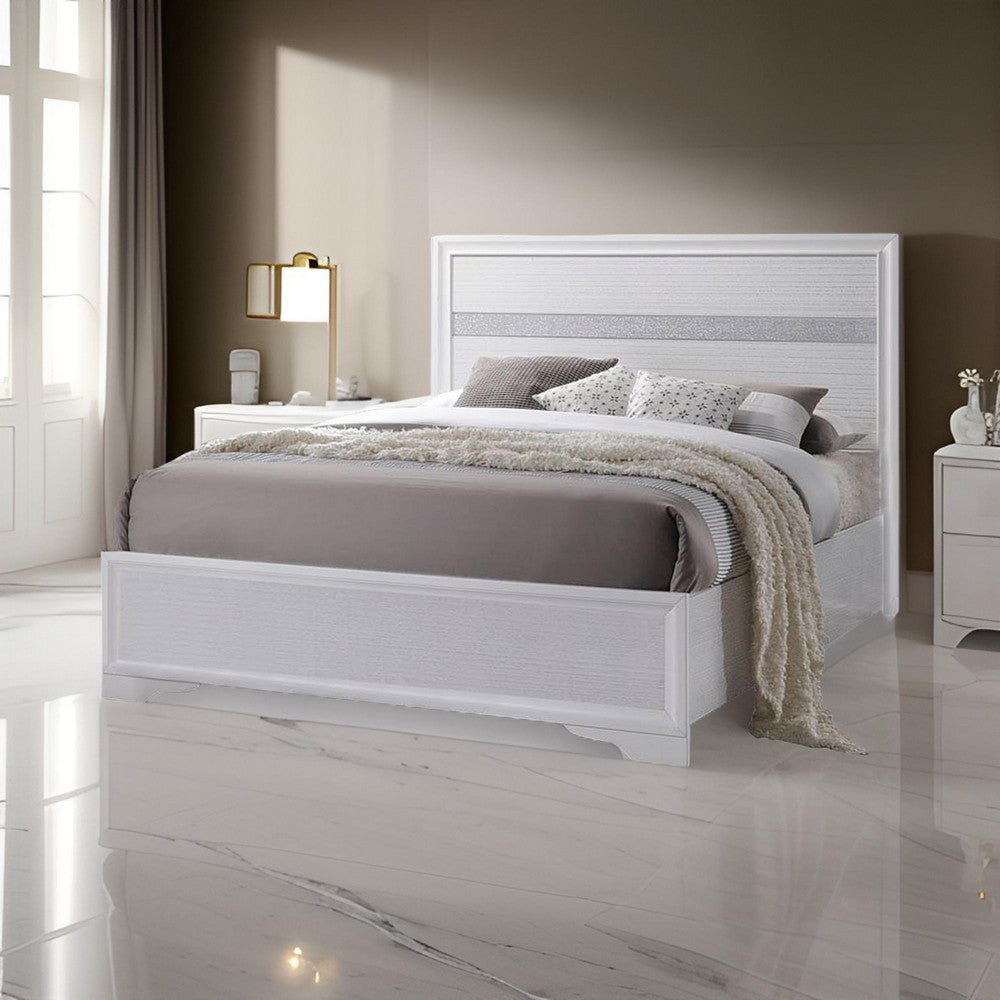 Benjara Wooden Twin Size bed with Bracket Legs And Crystal Accented Headboard, White