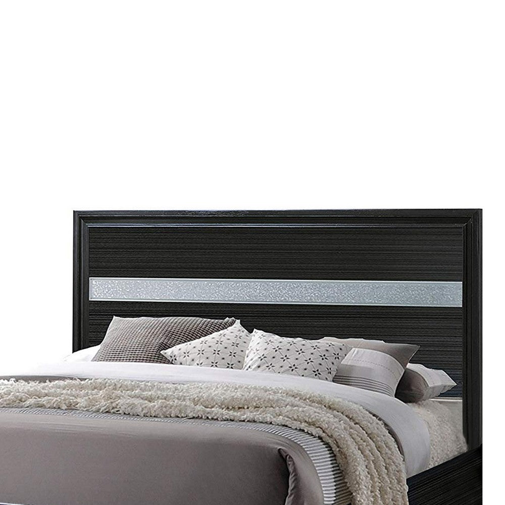 Benjara Wooden Twin Size bed with Bracket Legs And Crystal Accented Headboard, Black