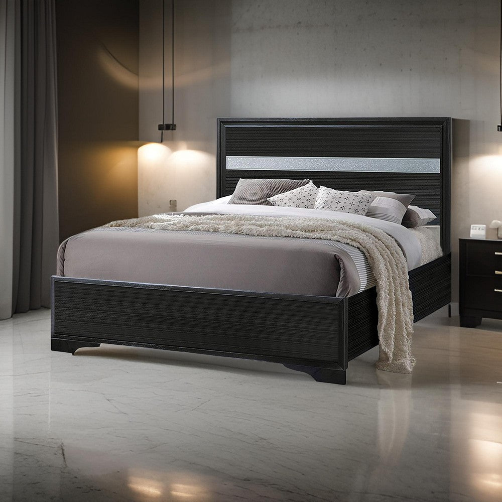 Benjara Wooden Twin Size bed with Bracket Legs And Crystal Accented Headboard, Black