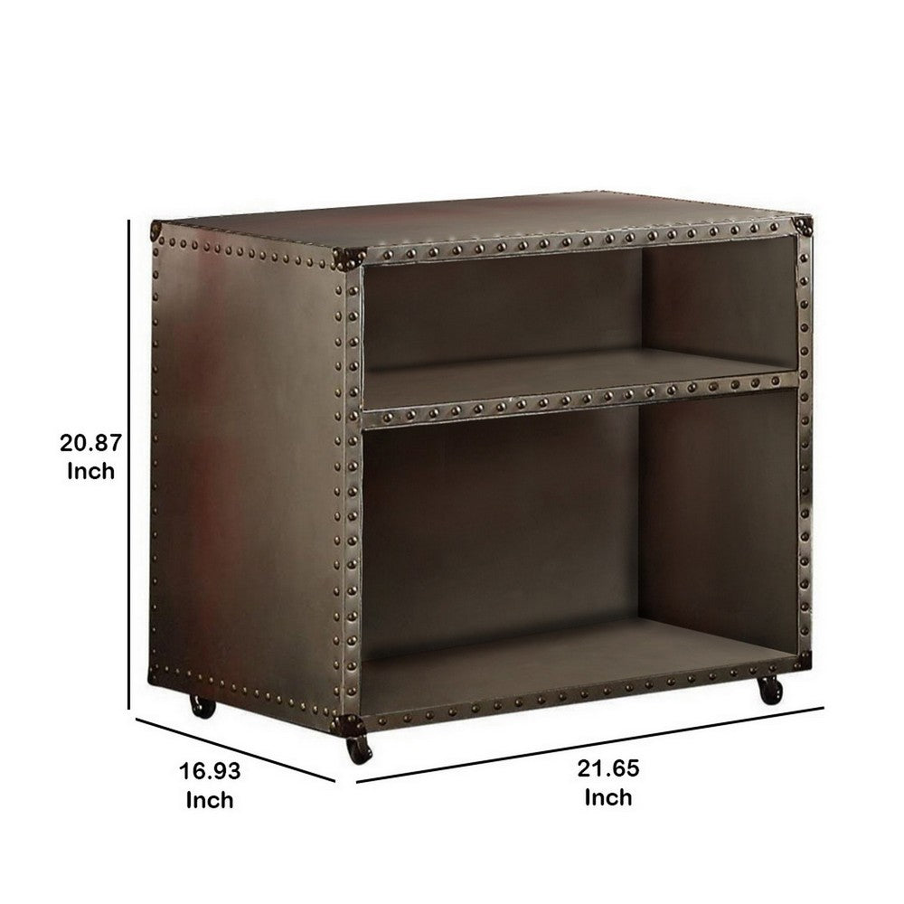 Benzara Rectangular Nightstand With USB Power Dock And Caster Legs In Aluminum Finish