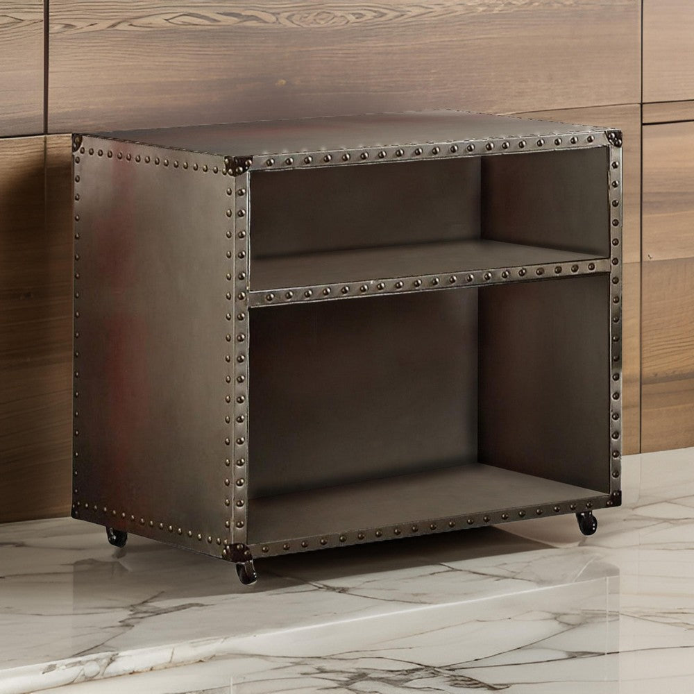 Benzara Rectangular Nightstand With USB Power Dock And Caster Legs In Aluminum Finish