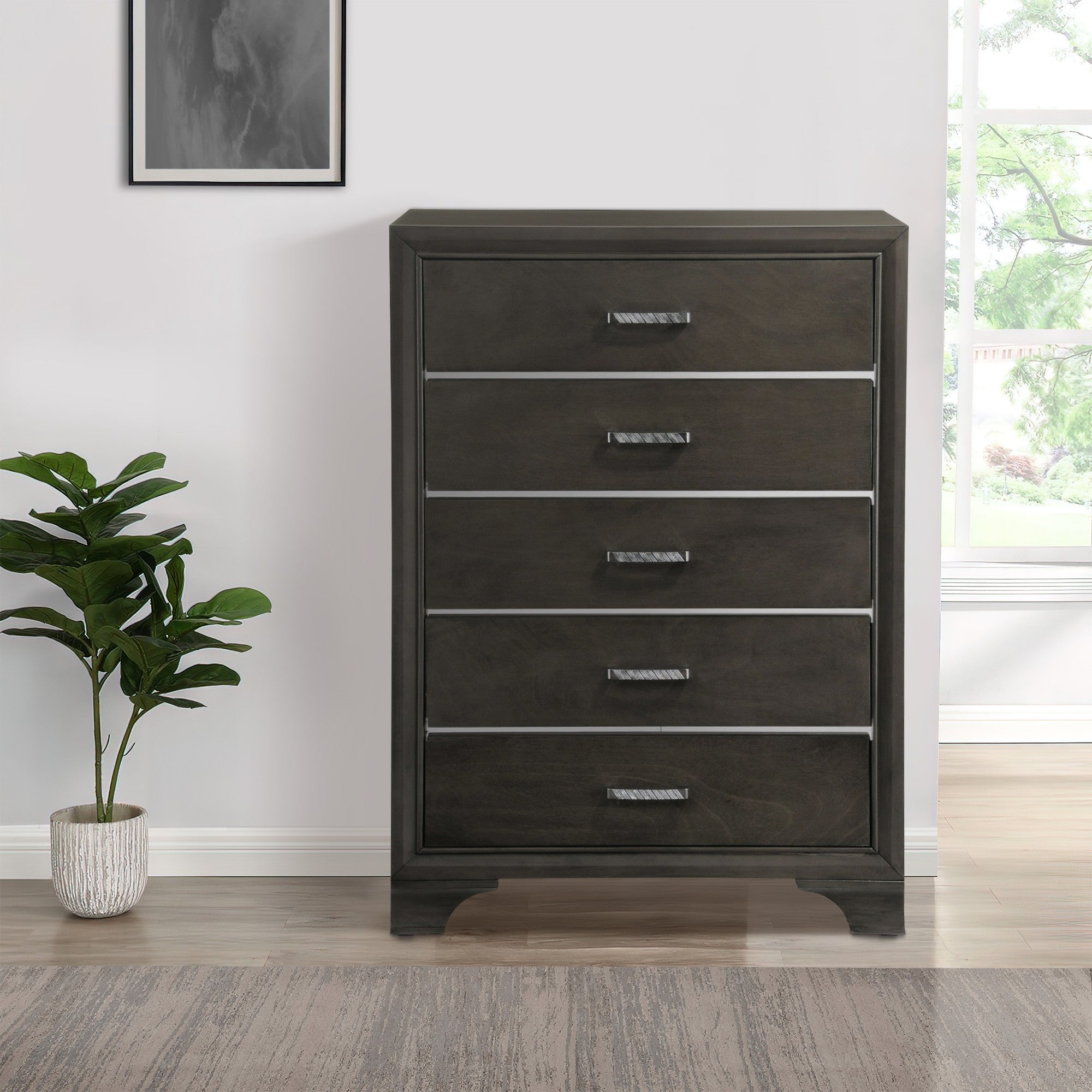 Benzara Wooden Five Drawer Chest With Bracket Legs, Gray