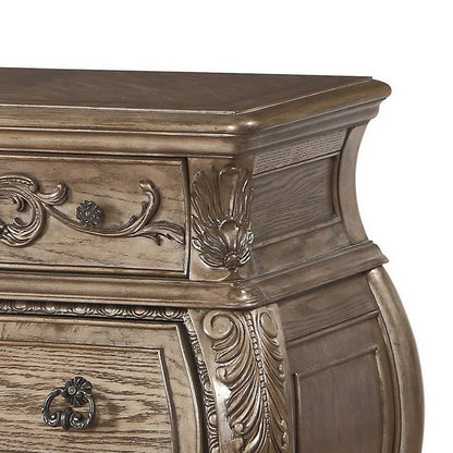 Benzara Nightstand, 3 Drawers with Antique Handles, Scrolled Legs, Vintage Oak Brown