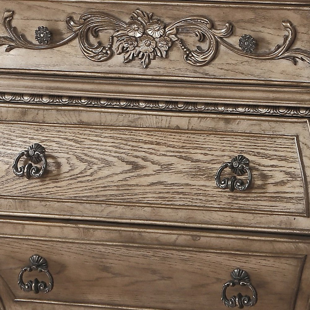 Benzara Nightstand, 3 Drawers with Antique Handles, Scrolled Legs, Vintage Oak Brown