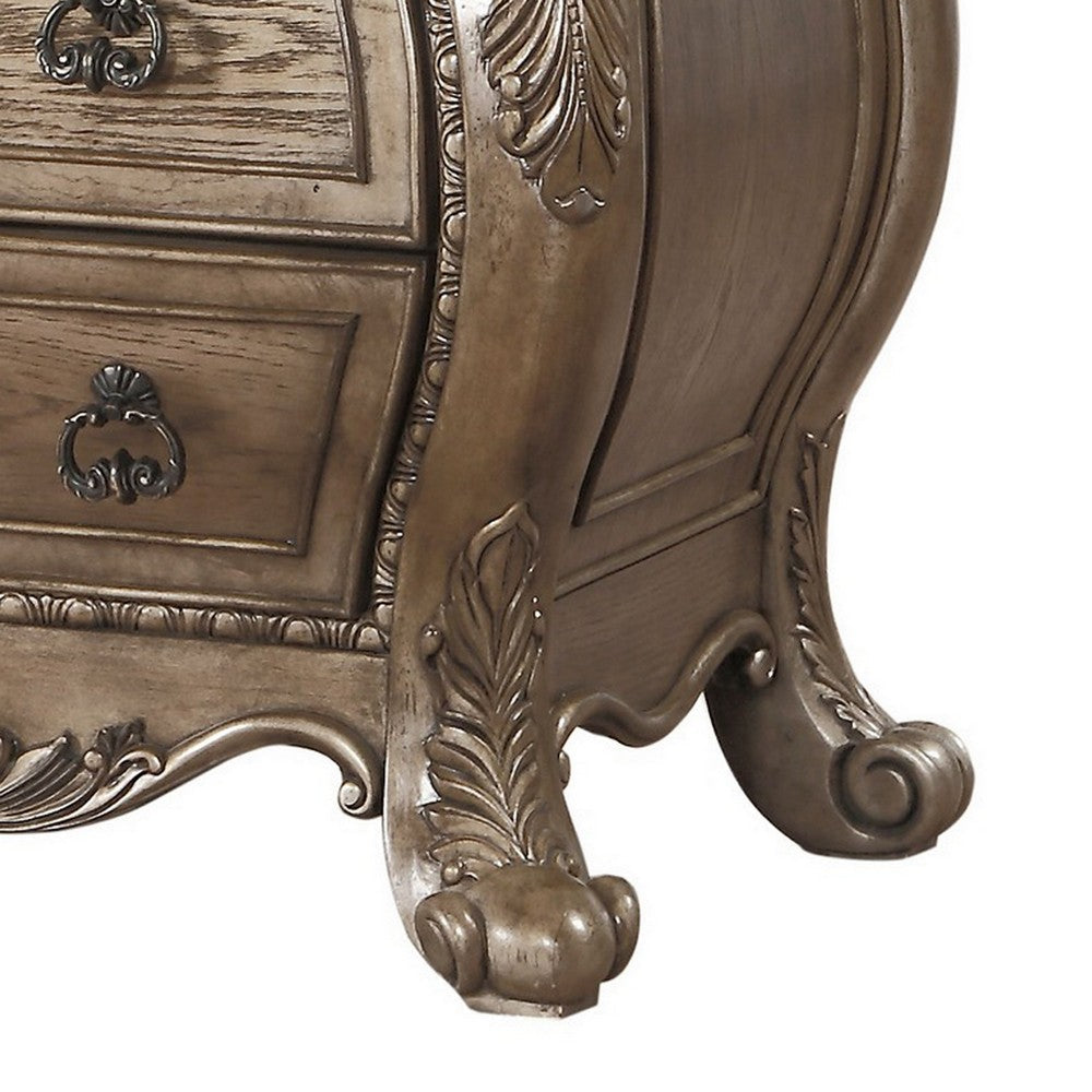 Benzara Nightstand, 3 Drawers with Antique Handles, Scrolled Legs, Vintage Oak Brown