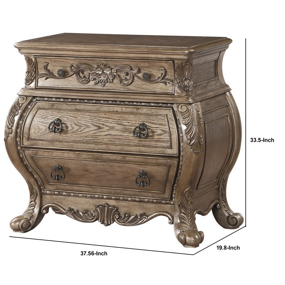 Benzara Nightstand, 3 Drawers with Antique Handles, Scrolled Legs, Vintage Oak Brown