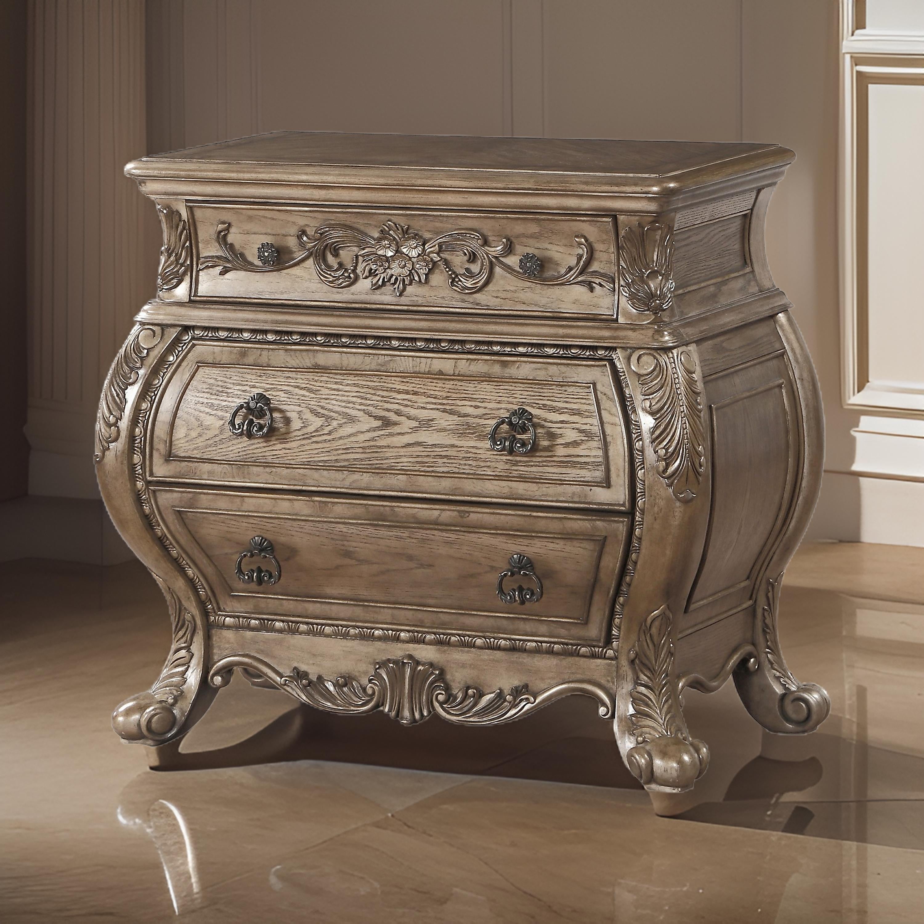 Benzara Nightstand, 3 Drawers with Antique Handles, Scrolled Legs, Vintage Oak Brown