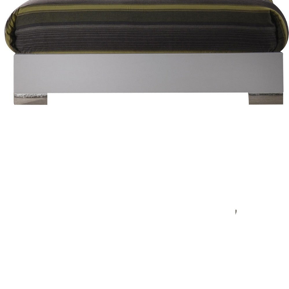 Benjara Wooden queen size bed with block legs And Crystal Accented Headboard, White