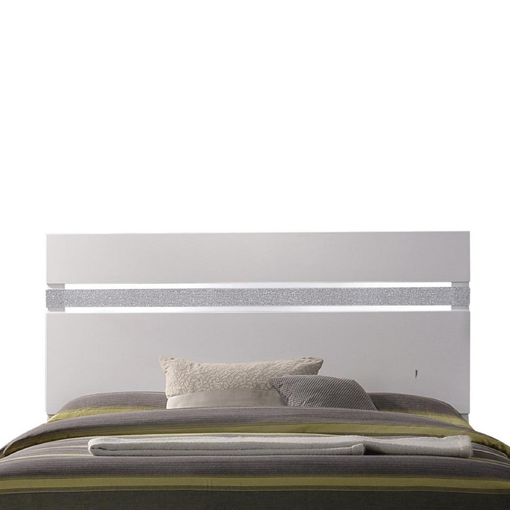 Benjara Wooden queen size bed with block legs And Crystal Accented Headboard, White