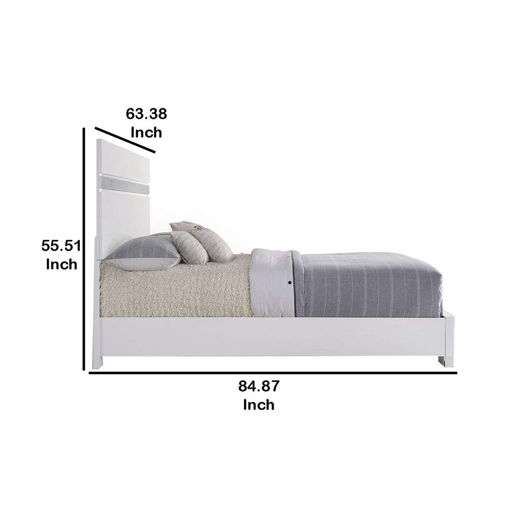 Benjara Wooden queen size bed with block legs And Crystal Accented Headboard, White