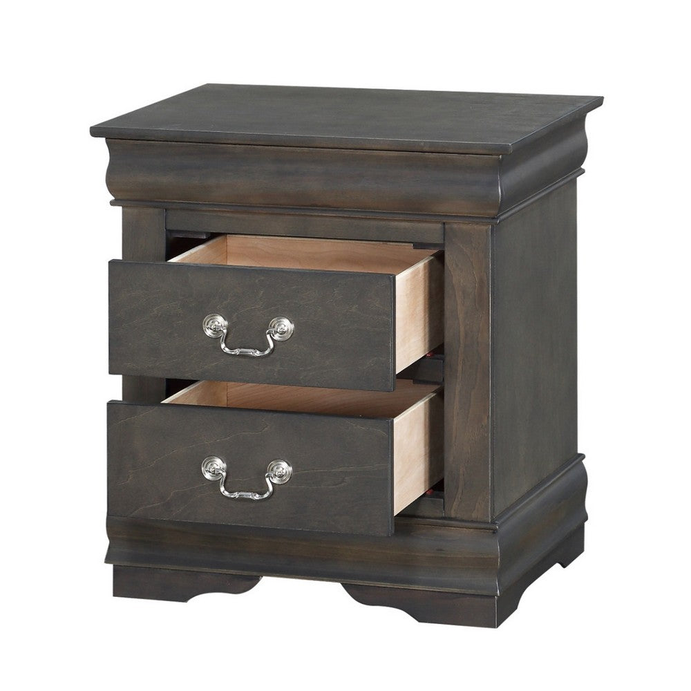 Benzara Traditional Style Wooden Nightstand with Two Drawers And Metal Handles, Dark Gray