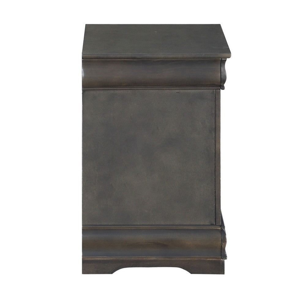 Benzara Traditional Style Wooden Nightstand with Two Drawers And Metal Handles, Dark Gray