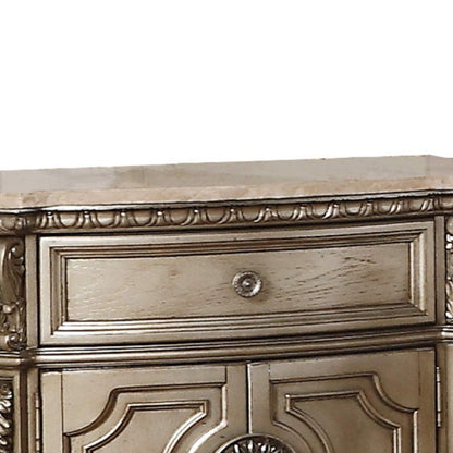 Benzara Marble Top Nightstand With One Drawer And Two Door Shelf, Antique Champagne