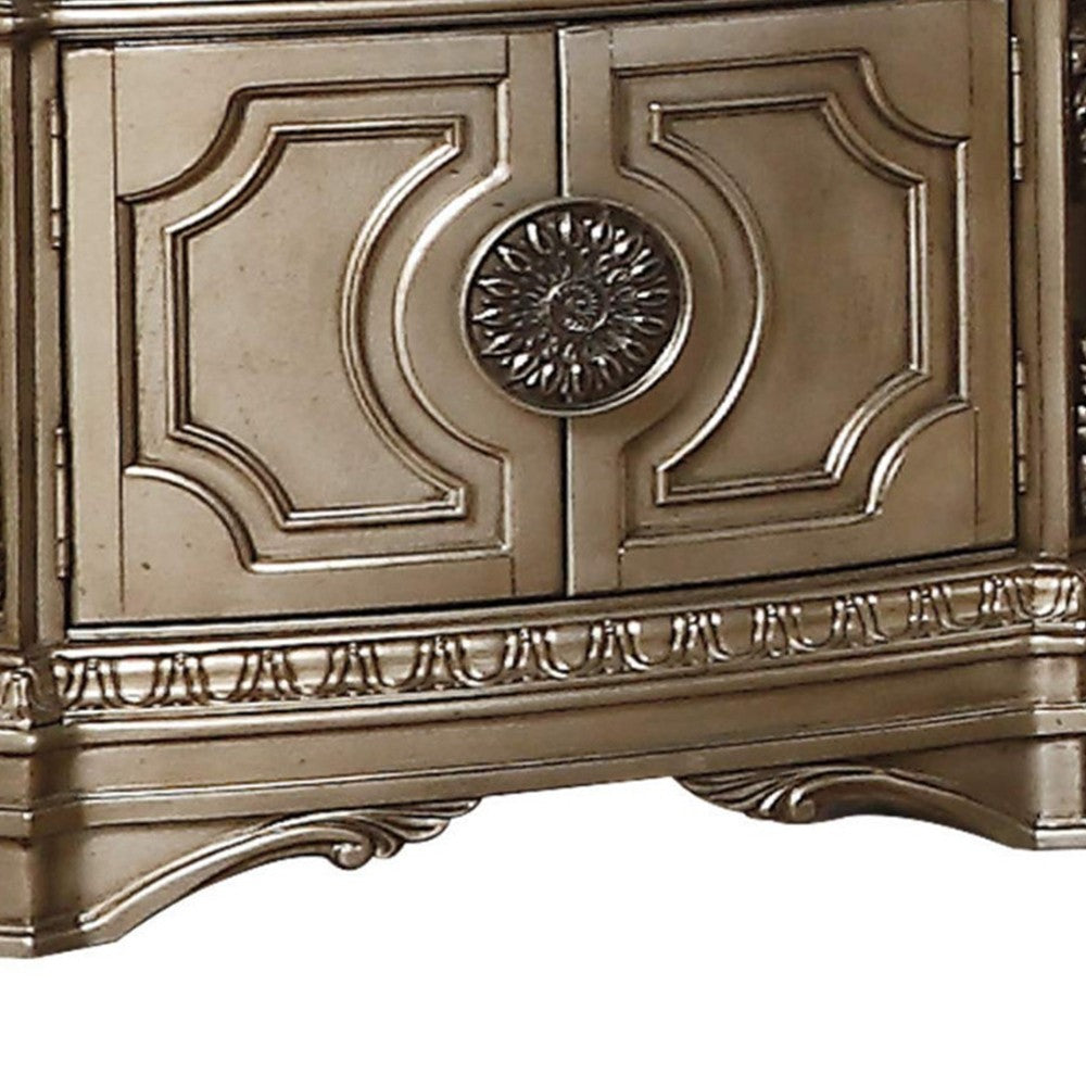 Benzara Marble Top Nightstand With One Drawer And Two Door Shelf, Antique Champagne