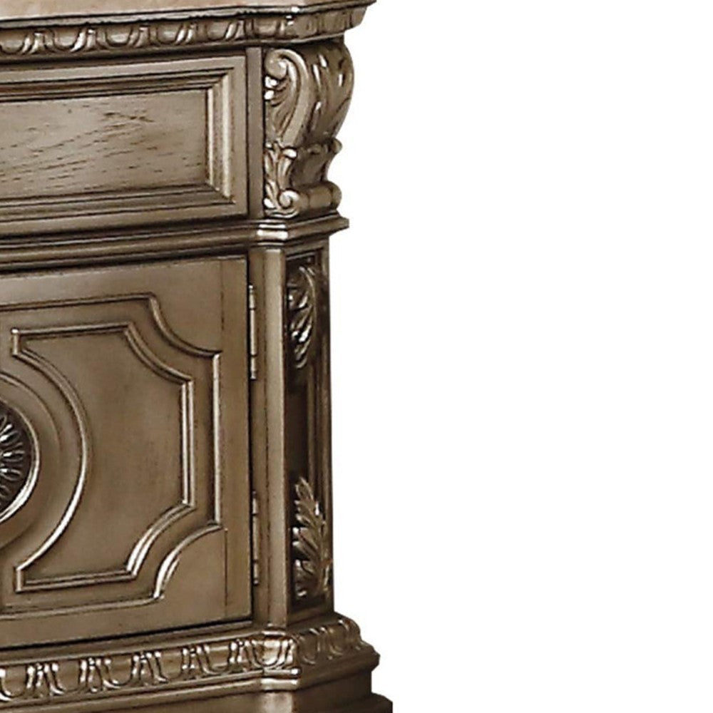 Benzara Marble Top Nightstand With One Drawer And Two Door Shelf, Antique Champagne