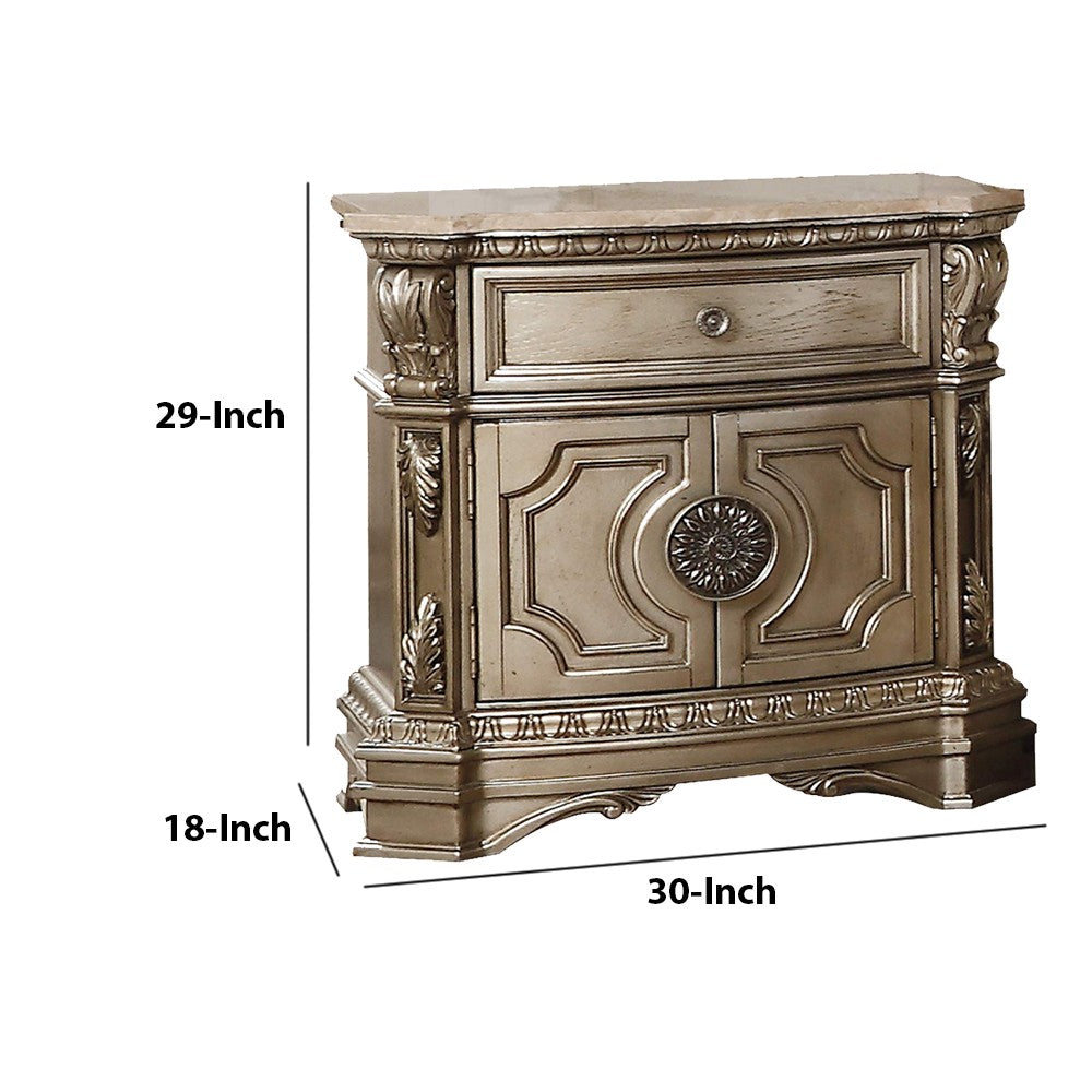 Benzara Marble Top Nightstand With One Drawer And Two Door Shelf, Antique Champagne