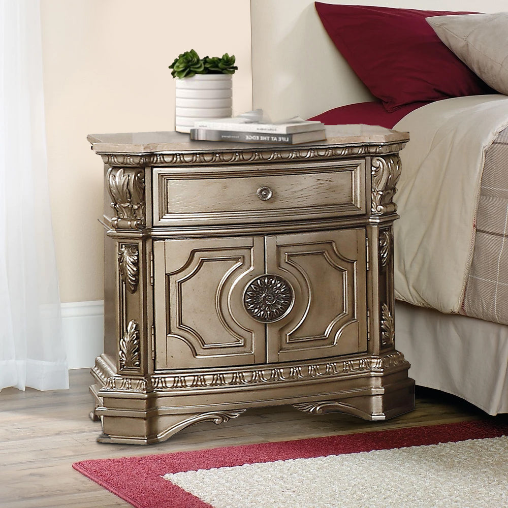Benzara Marble Top Nightstand With One Drawer And Two Door Shelf, Antique Champagne