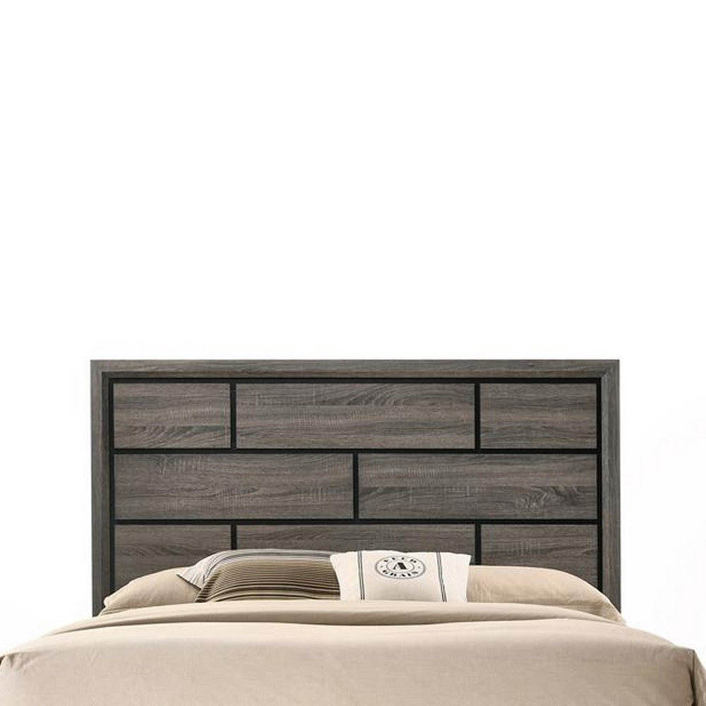Benjara Transitional Style Wooden Queen Size Bed with Brick Elements Panel Headboard, Gray