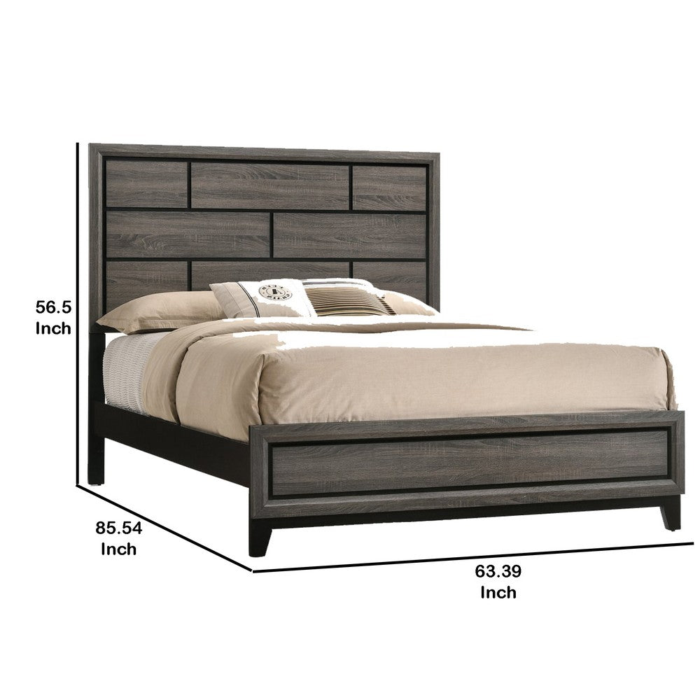 Benjara Transitional Style Wooden Queen Size Bed with Brick Elements Panel Headboard, Gray