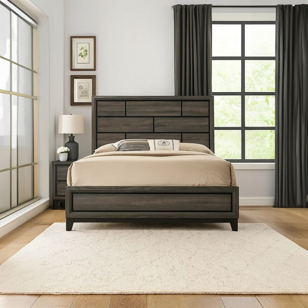 Benjara Transitional Style Wooden Queen Size Bed with Brick Elements Panel Headboard, Gray