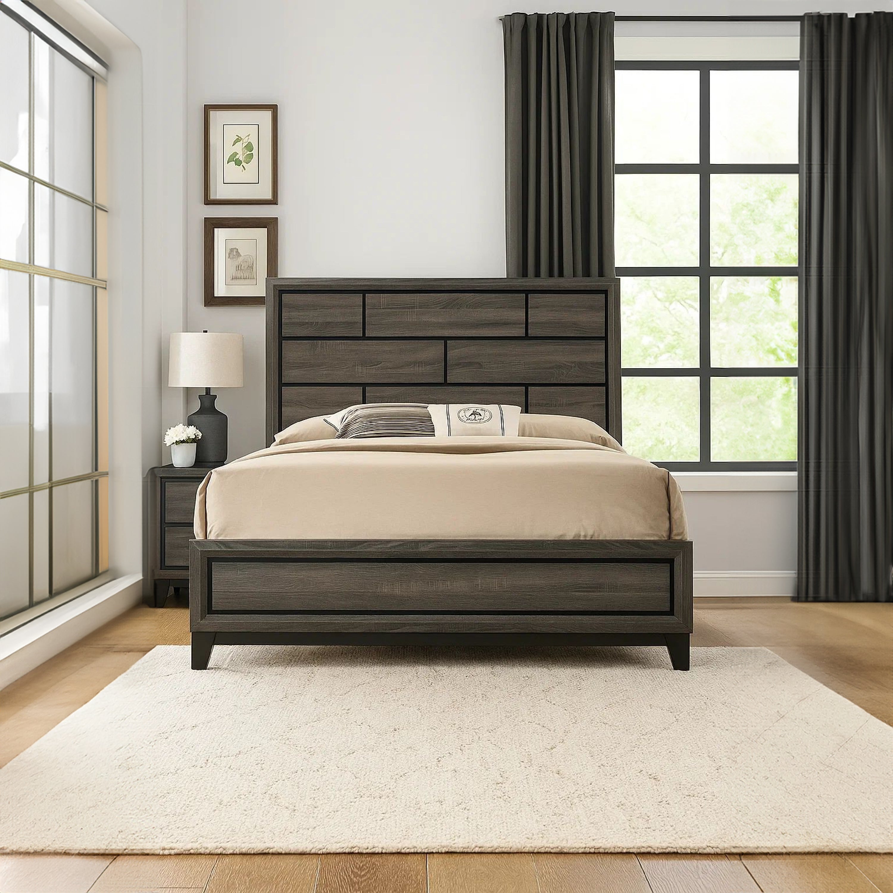 Benjara Transitional Style Wooden Queen Size Bed with Brick Elements Panel Headboard, Gray
