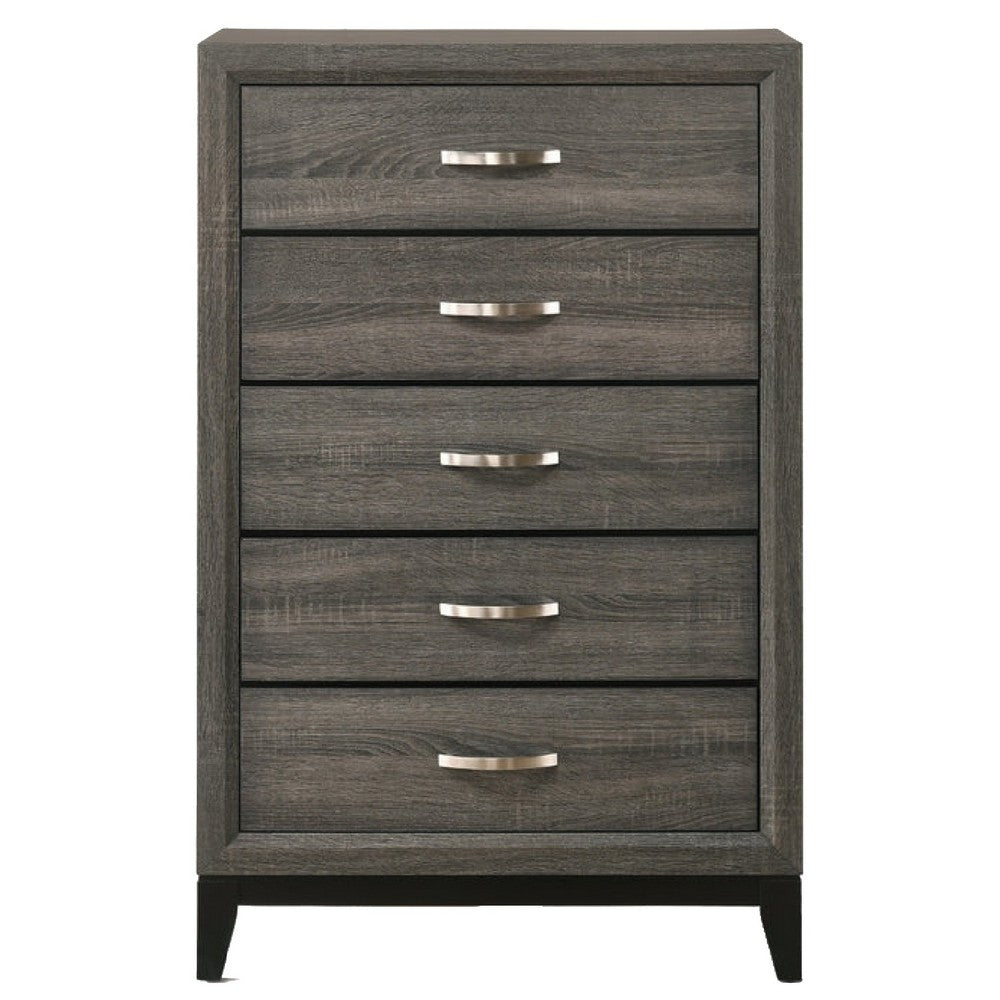 Benzara Five Drawer Chest With Tapered Feet, Weathered Gray