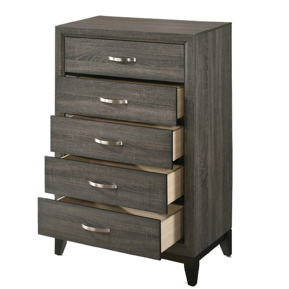 Benzara Five Drawer Chest With Tapered Feet, Weathered Gray