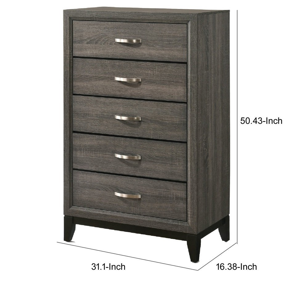 Benzara Five Drawer Chest With Tapered Feet, Weathered Gray