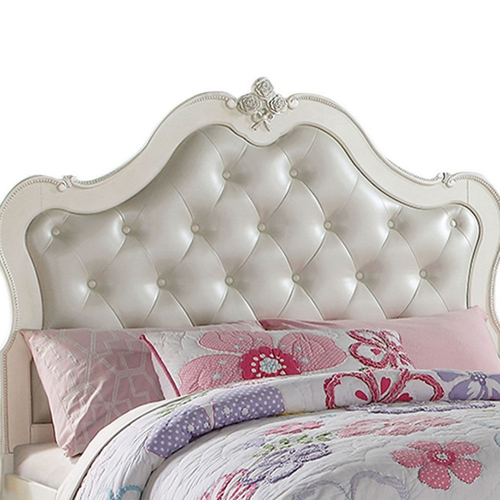 ACME Pine Wood Twin Bed With Button Tufted Headboard, Pearl White