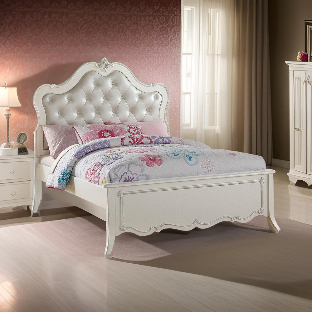 ACME Pine Wood Twin Bed With Button Tufted Headboard, Pearl White