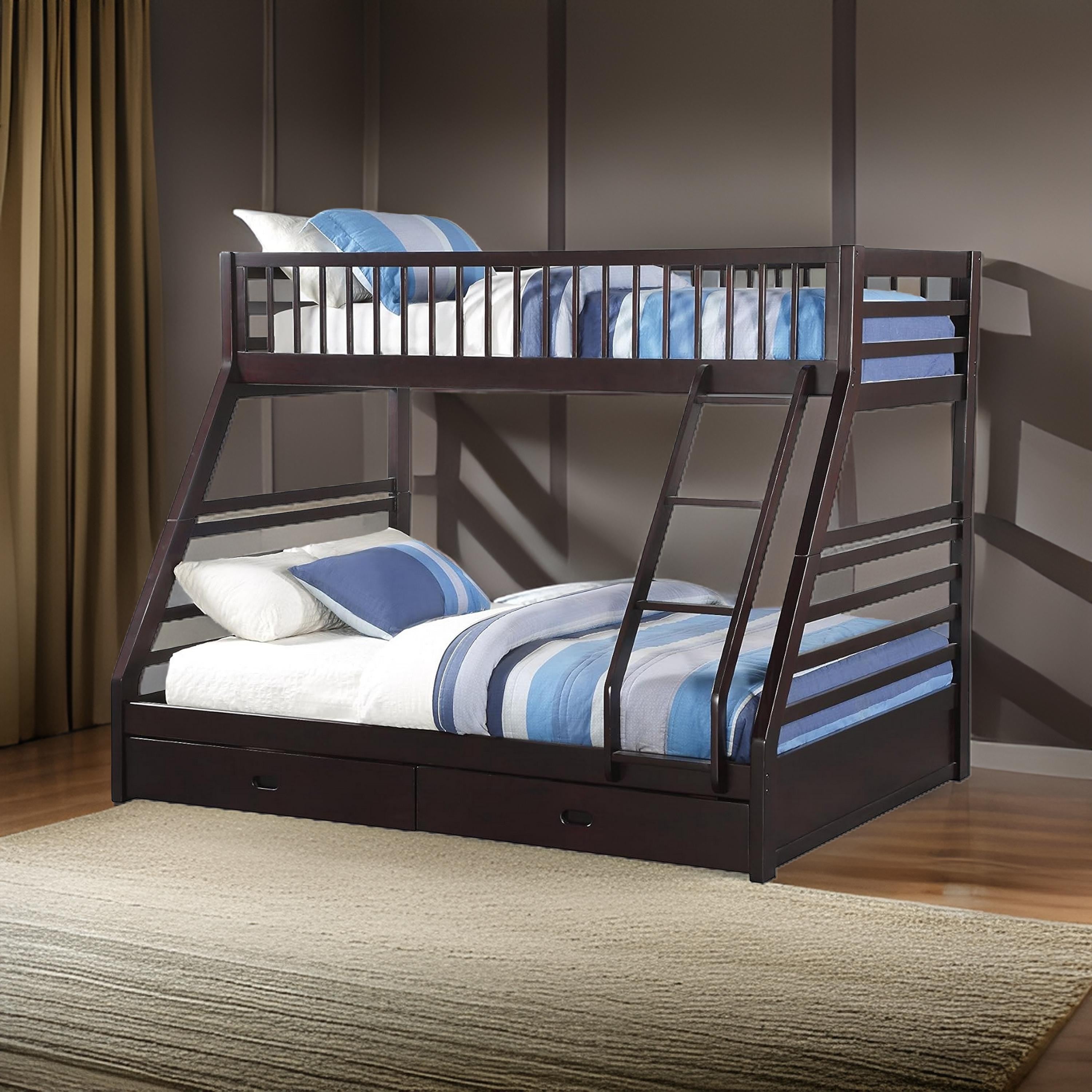 ACME Wooden TwinXL/Queen Bunk Bed with Drawers, Espresso Brown