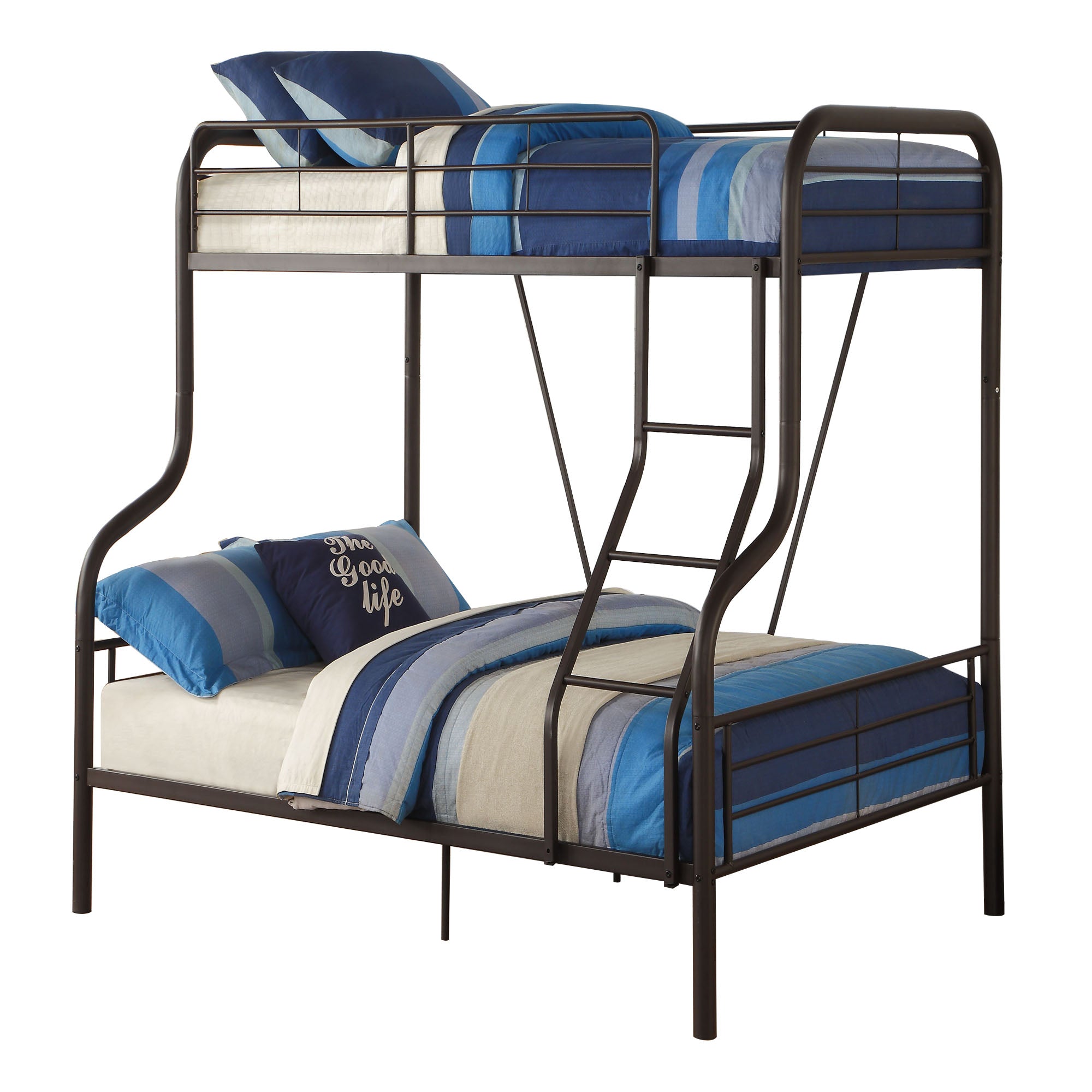 Benjara Metal Twin over Full Size Bunk Bed with Guardrail And Ladder, Gray