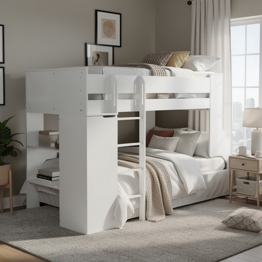 Benjara Wooden Twin Size Loft Bunk Bed with Workstation And Ladder, White