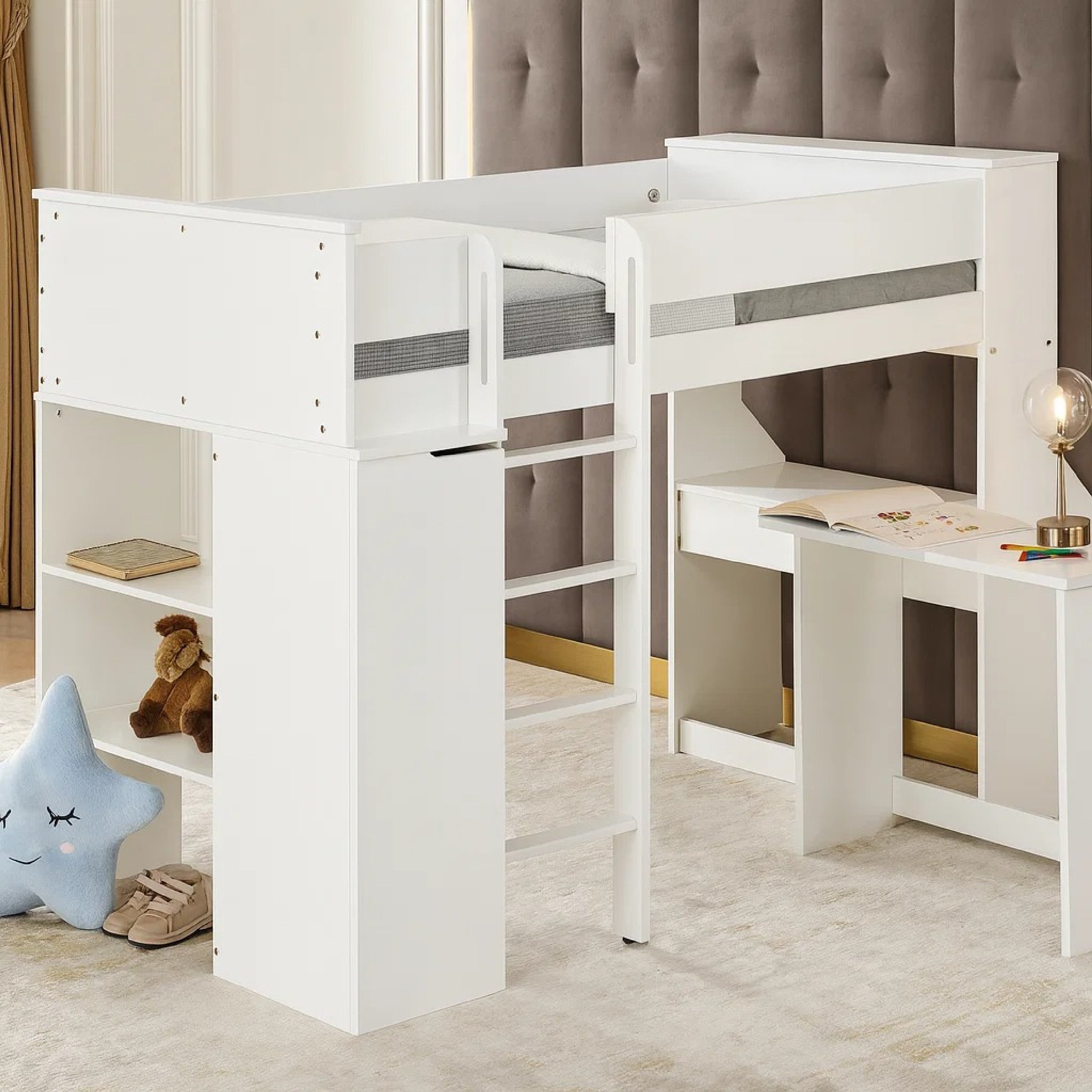 Benjara Wooden Twin Size Loft Bunk Bed with Workstation And Ladder, White