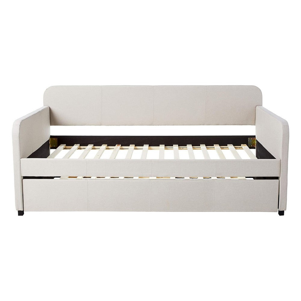 Benjara Fabric Upholstered Wooden Day Bed with Trundle And Panel Back, Beige