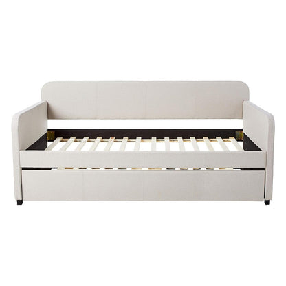 Benjara Fabric Upholstered Wooden Day Bed with Trundle And Panel Back, Beige