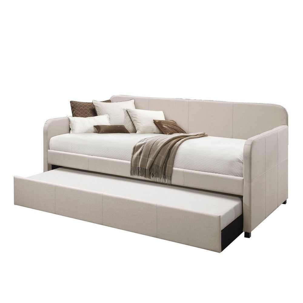 Benjara Fabric Upholstered Wooden Day Bed with Trundle And Panel Back, Beige