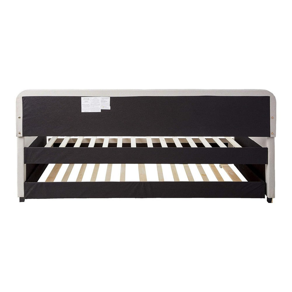 Benjara Fabric Upholstered Wooden Day Bed with Trundle And Panel Back, Beige
