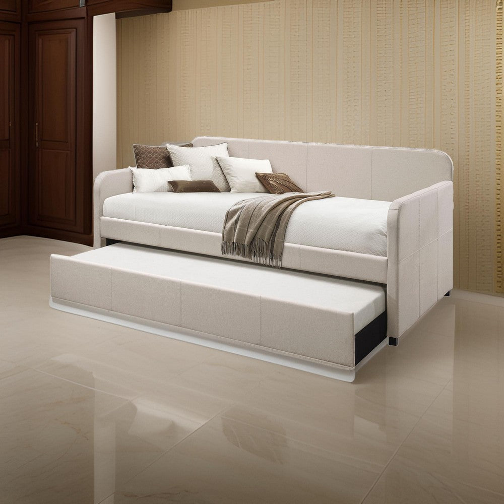 Benjara Fabric Upholstered Wooden Day Bed with Trundle And Panel Back, Beige