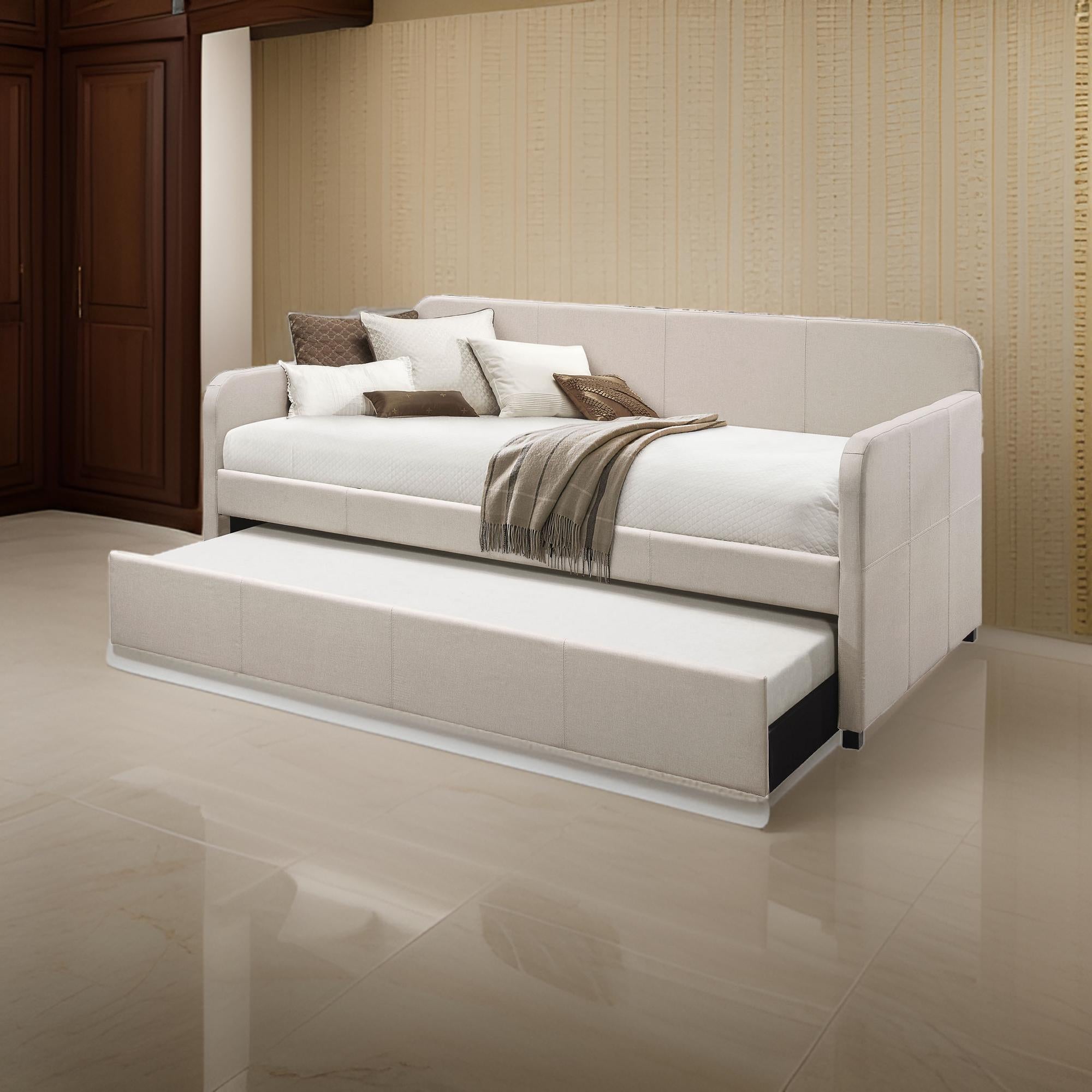Benjara Fabric Upholstered Wooden Day Bed with Trundle And Panel Back, Beige
