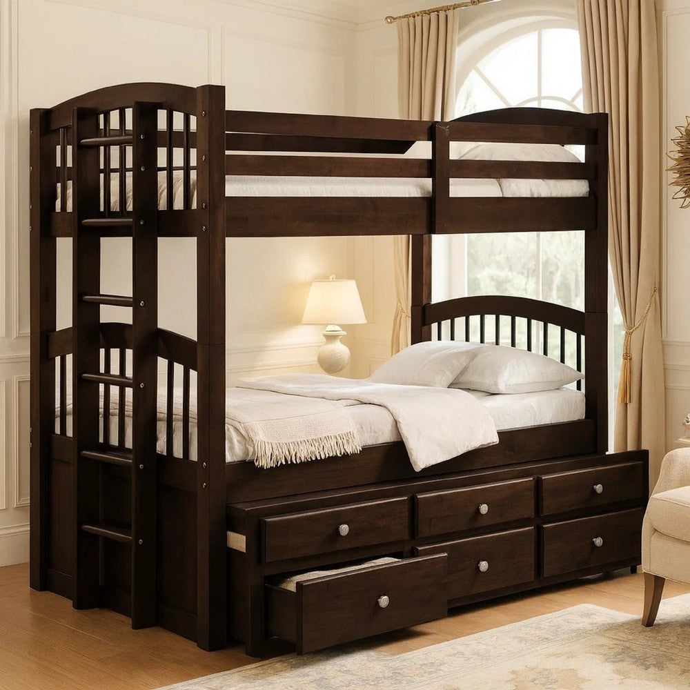 ACME Wooden Twin/Twin Bunk Bed & Trundle with 3 Drawers, Brown