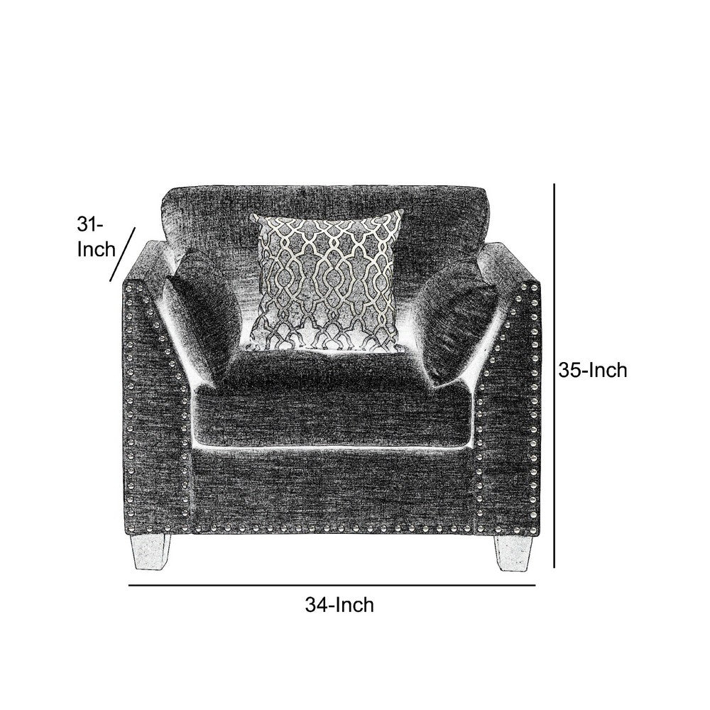 Benzara 34 Inch Wide Nailhead Fabric Upholstered Accent Chair, Gray