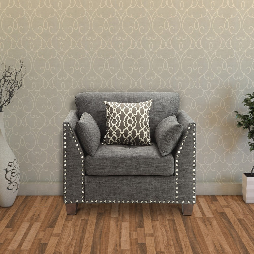 Benzara 34 Inch Wide Nailhead Fabric Upholstered Accent Chair, Gray